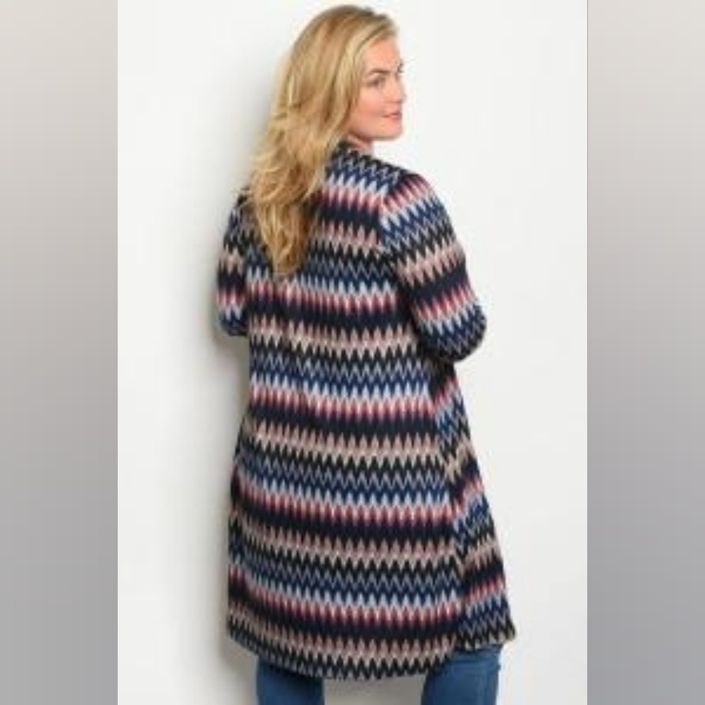 Angie Boho Zigzag Cardigan | Navy Multi Open Front Duster Sweater 1X 2X - Picture 2 of 5